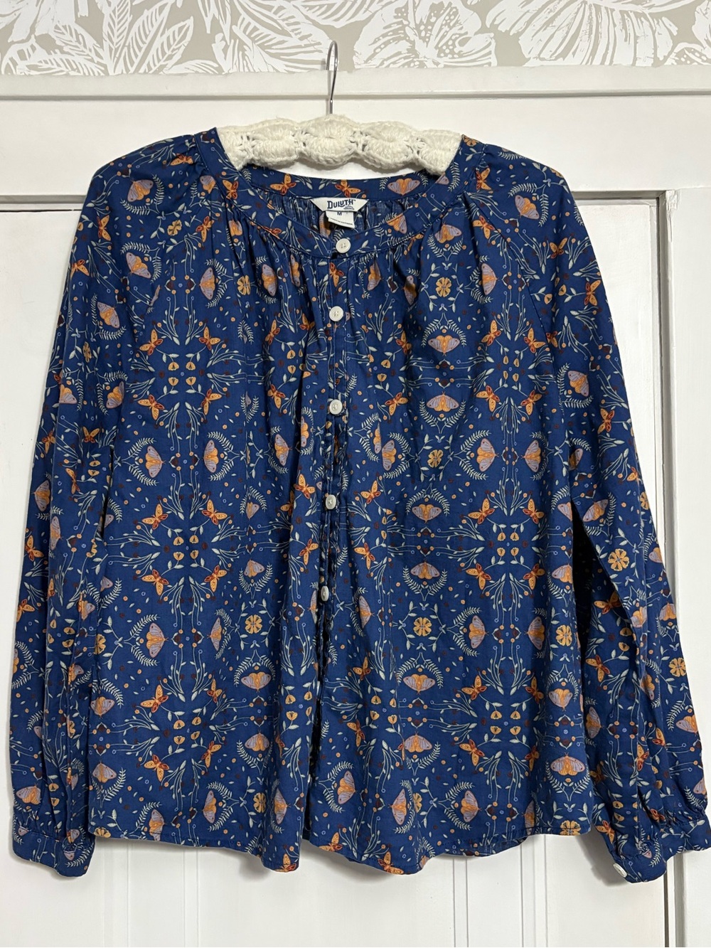 Duluth Trading Co. Printmaker 100% Organic Cotton Blue Butterfly Print Shirt